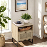 Garvee Mesa de Noche de Ratán Boho con Cajón y Patas Metálicas para Dormitorio y Sala 38 × 48 × 56 cm Roble Claro