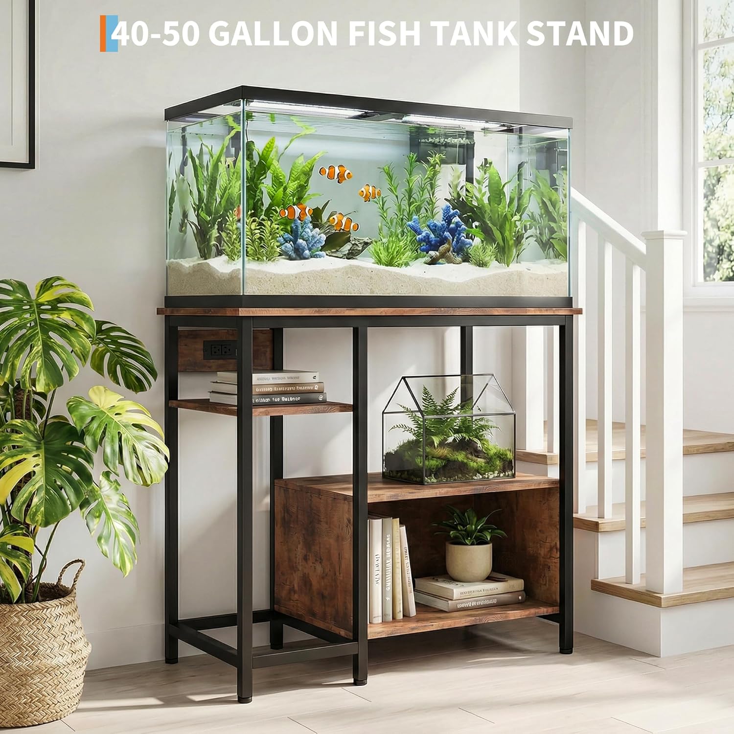 Garvee Soporte para Acuario de 40 a 50 Galones con Enchufes Integrados Mesa para Pecera y Terrario Estructura de Metal y Madera Carga Máxima de 300 kg 93x48x78 cm Marrón
