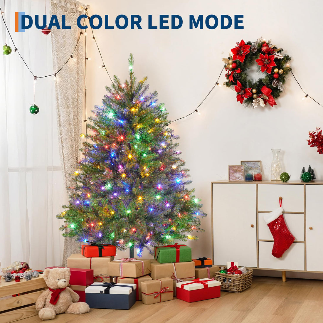 Garvee Árbol de Navidad Artificial con Iluminación LED y Hojas Realistas, Soporte Metálico Estable, 135-270 cm, Decoración para Interior y Exterior, Color Verde