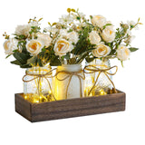 Garvee Tarro Mason con LED y Flores Artificiales sobre Bandeja de Madera Luz con Temporizador para Cocina y Sala 34.4x10.9x10.9 Cm Colores Naturales - Blanco