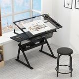 Garvee Mesa de Dibujo Ajustable con Taburete, Escritorio Multifuncional con Tapa de Vidrio Inclinable 0-75°, Estructura de Acero, Cajones de Almacenamiento para Oficina y Hogar, Transparente, 80-126 cm - Negro