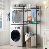 Garvee Estantes para Lavadora y Secadora Ajustables en Altura, Acero al Carbono con Canasta y Ganchos, Ancho 145.8 cm, Negro