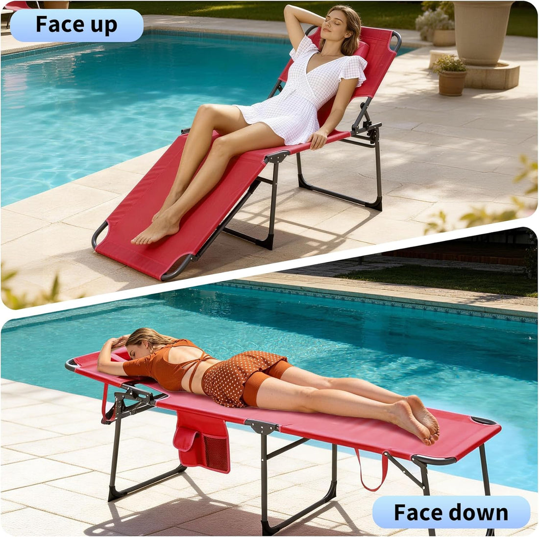 Garvee Tumbona Plegable con Orificio Facial, Respaldo Ajustable en 5 Posiciones, Tejido Oxford 600D, Modelo Alto, Rojo