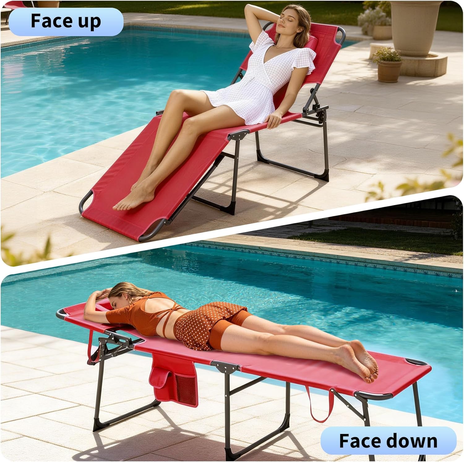 Garvee Tumbona Plegable con Orificio Facial, Respaldo Ajustable en 5 Posiciones, Tejido Oxford 600D, Modelo Alto, Rojo