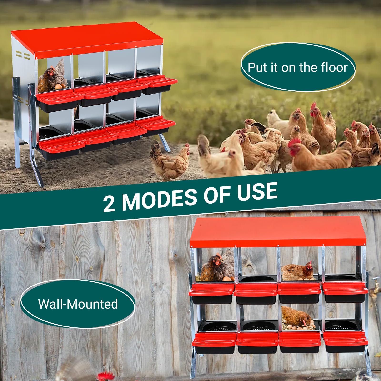 Garvee Caja de Nido para Gallinas 2 Niveles 8 Compartimentos con Soporte Metálico, Acero Galvanizado 0.6mm con Tapa Esmaltada, Techo Impermeable, Ventilación Superior, Rojo