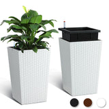Garvee Macetero Alto 41 cm Set de 2 con Monitor de Agua y Ruedas, Rattan Blanco, Autorriego para Patio y Oficina - Blanco