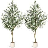 Garvee Pack de 2 Olivos Artificiales 210cm Árbol Falso Grande 7 Pies con Tronco Realista y Maceta Blanca Planta Artificial Decorativa para Salón Oficina y Entradas de Lujo - Árbol de Olivo ×2