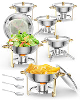 Garvee Set De 6 Bandejas Buffet Redondas 5L Acero Inoxidable Con Soporte Para Tapa Para Eventos 8L Capacidad - Dorado & Redondo & 6 piezas