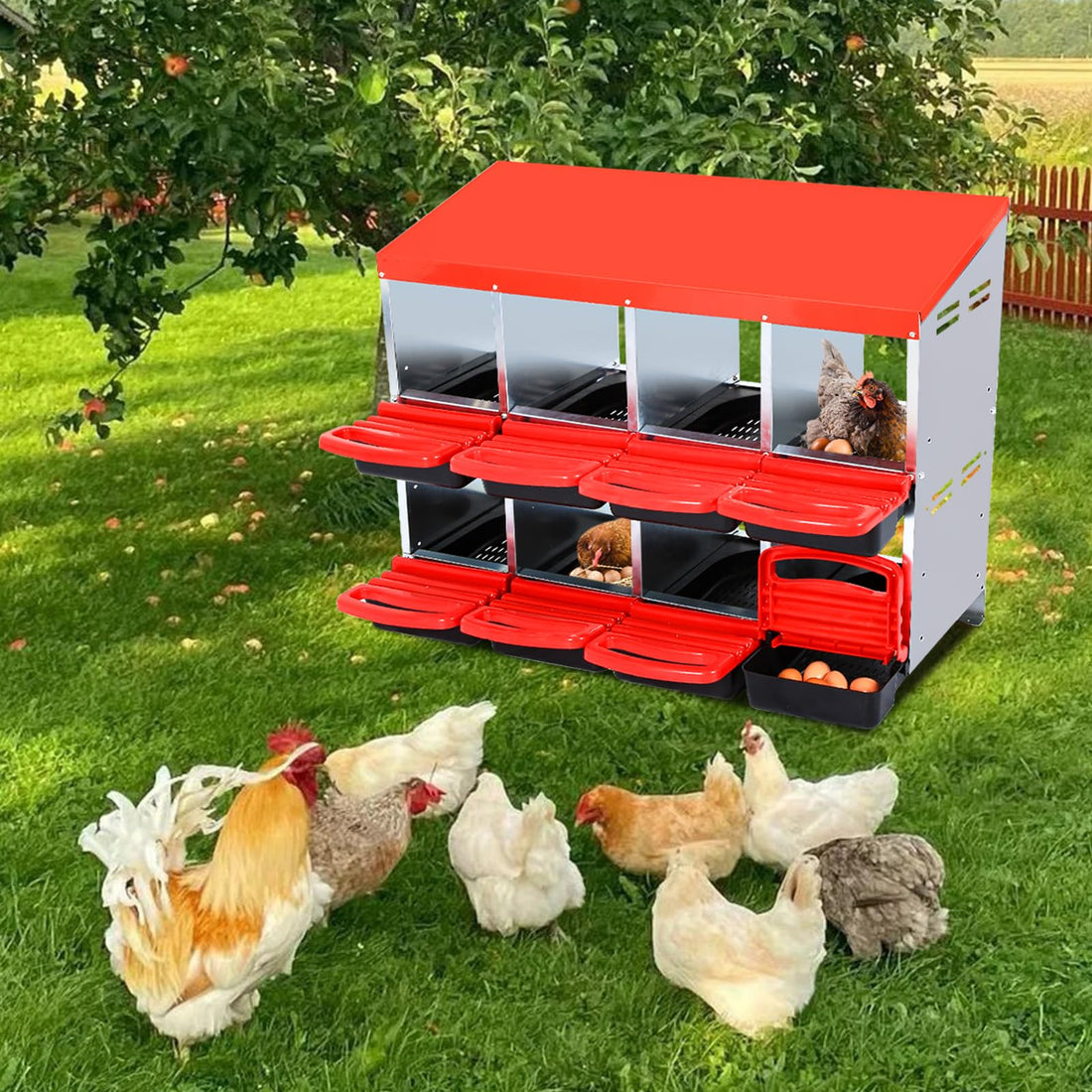 Garvee Caja de Nido para Pollos 2 Niveles 8 Compartimentos, Acero Galvanizado 0.6mm con Tapa Esmaltada, Techo Impermeable, Ventilación Superior, Fácil Recolección, Rojo