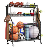Garvee Organizador De Equipos Deportivos Con Gran Capacidad, Ruedas Resistentes Y Ganchos Para Garaje Y Gimnasio, Acero Duradero, Canastas Metálicas