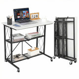 Garvee Escritorio Plegable 80 cm con Ruedas Bloqueables y Estantes de Metal para Estudio y Cocina, Plegable, Gran Capacidad, Color Negro - Blanco