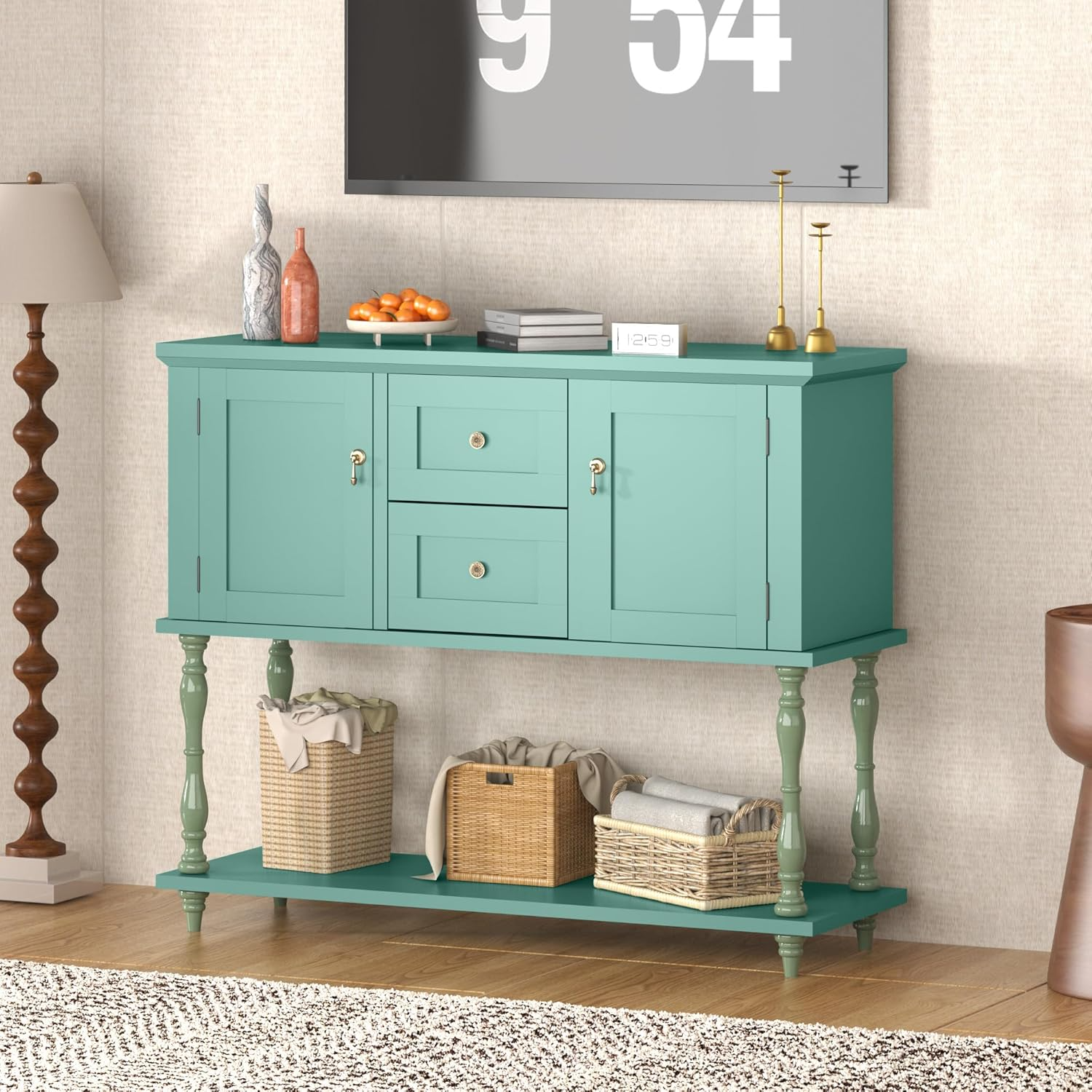 Garvee Mesa de Entrada Vintage con 2 Cajones y Puertas para Sala y Pasillo, 107 cm, Verde, Rústico