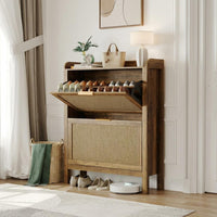 Garvee Zapatero de Ratán con 2 Cajones Abatibles Mueble Organizador de Zapatos MDF Estilo Rústico para Entrada 81 cm Madera
