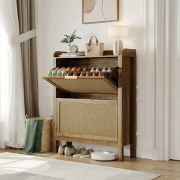 Garvee Zapatero de Ratán con 2 Cajones Abatibles Mueble Organizador de Zapatos MDF Estilo Rústico para Entrada 81 cm Madera