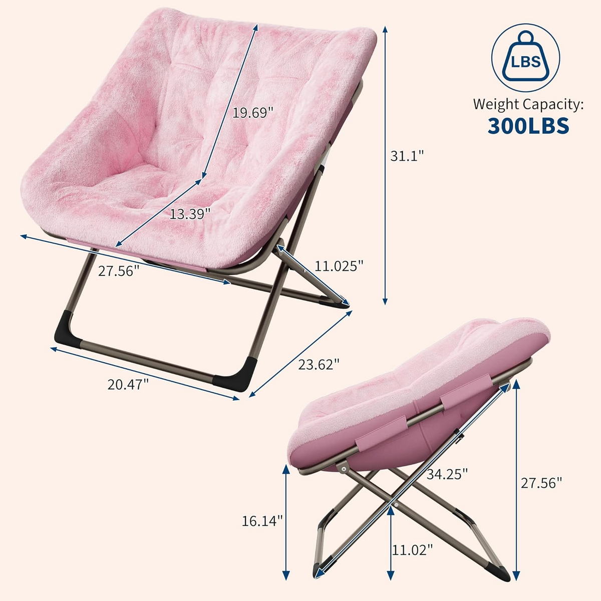 Garvee Silla Saucer de Piel de Conejo Plegable con Marco Metálico para Dormitorio y Sala, Rosa, Soporta 136 kg, Diseño Ergonómico