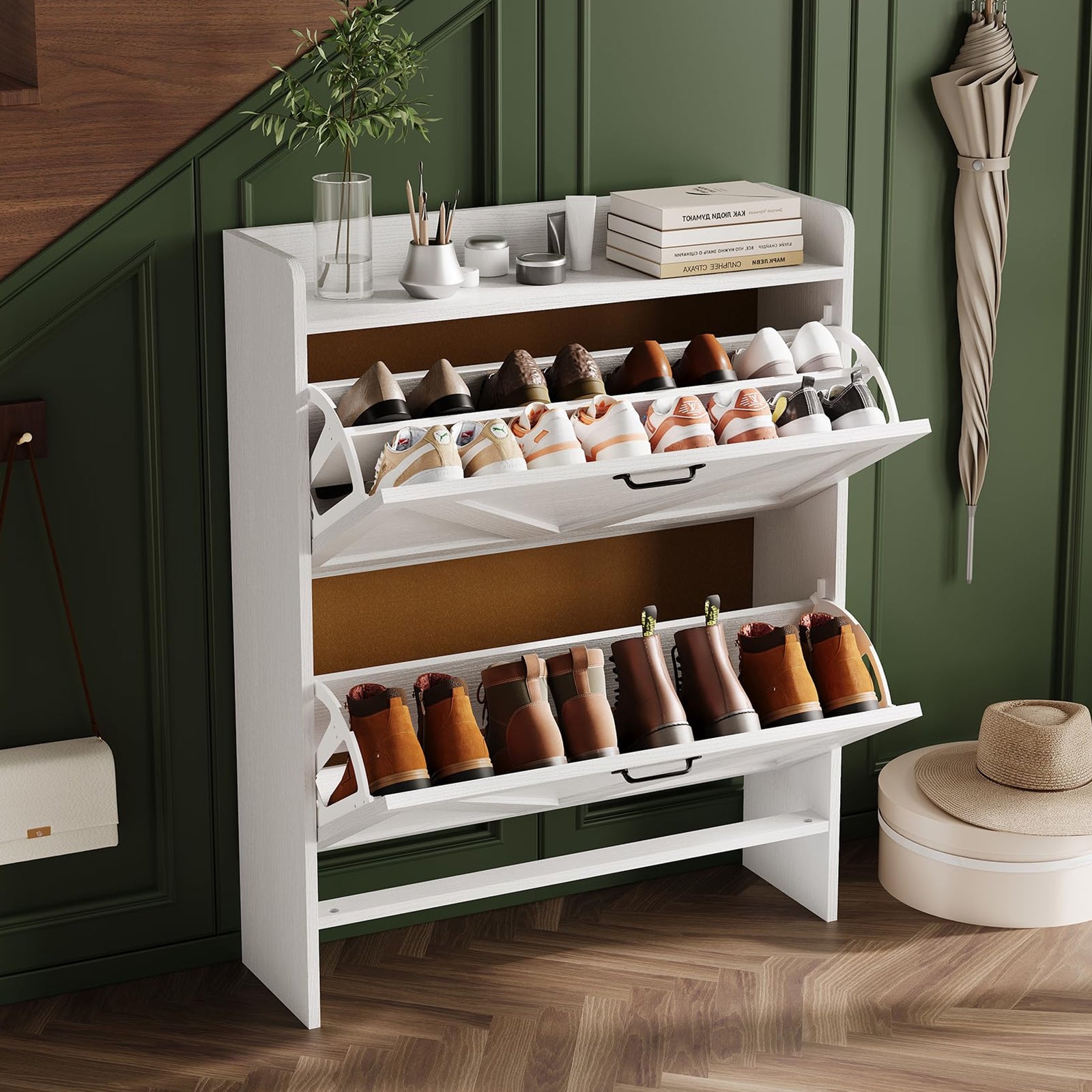 Garvee Zapatero Estrecho de Recibidor con 2 Cajones Abatibles Organizador de Zapatos Oculto de Madera MDF y Patas Metálicas Mueble Estilo Rústico, Blanco
