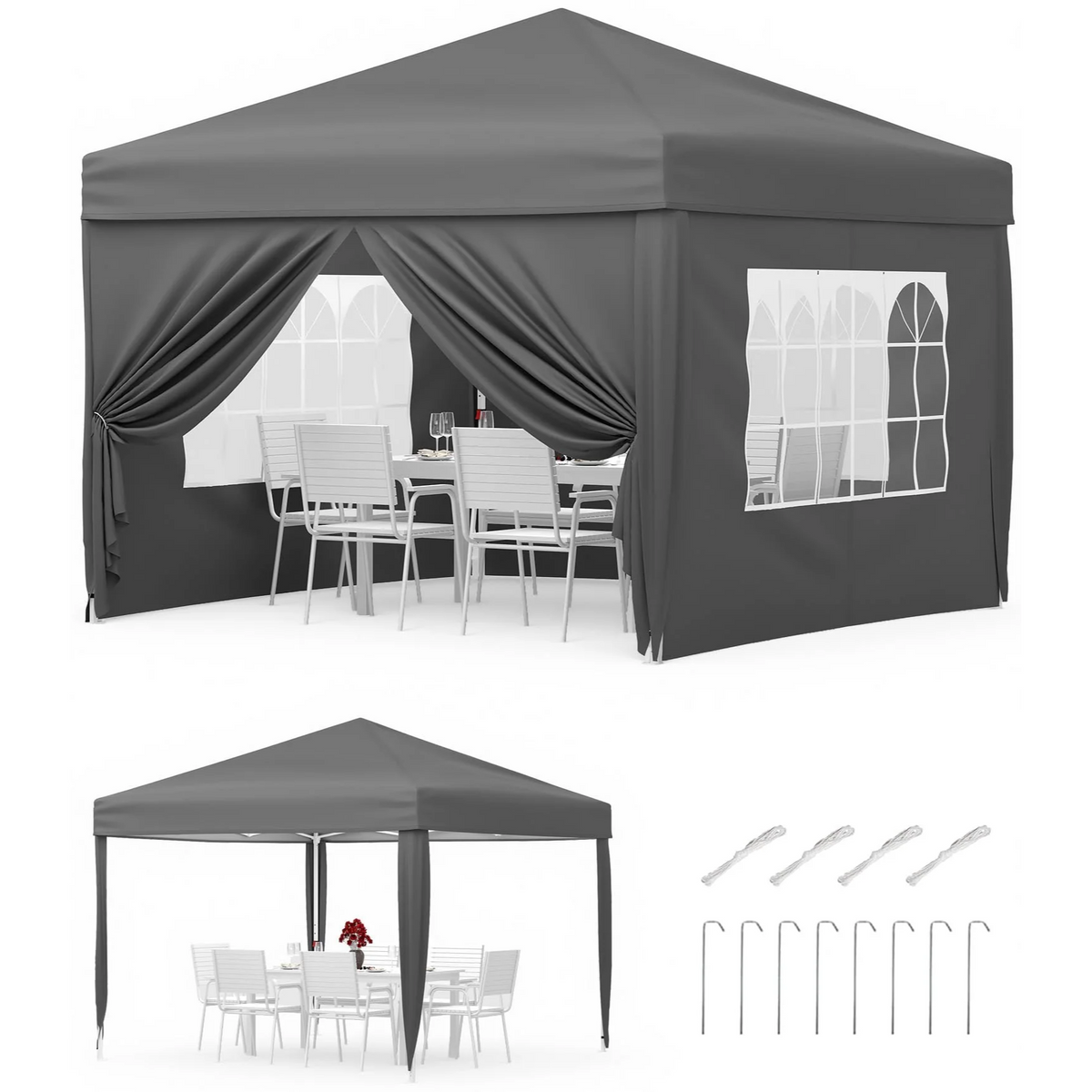 Garvee Cenador Plegable 3x3m Carpa Pop-Up Impermeable con Paredes Laterales Ventanas Tipo Iglesia y Protección UV Carpa de Fiesta Altura 270cm Color Gris