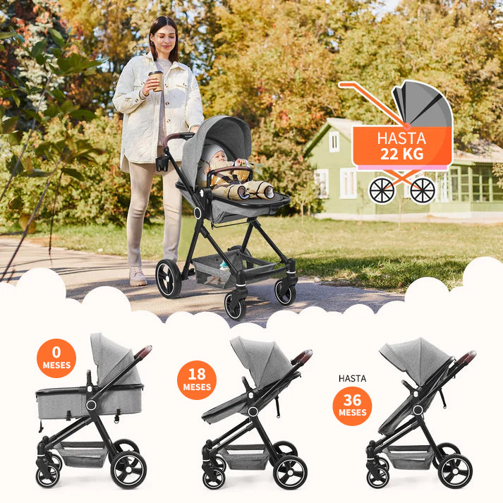 Garvee Cochecito Bebé 2en1 Alto Visión S600 Sistema Viaje Compacto Ligero Reversible Plegable Gris Claro