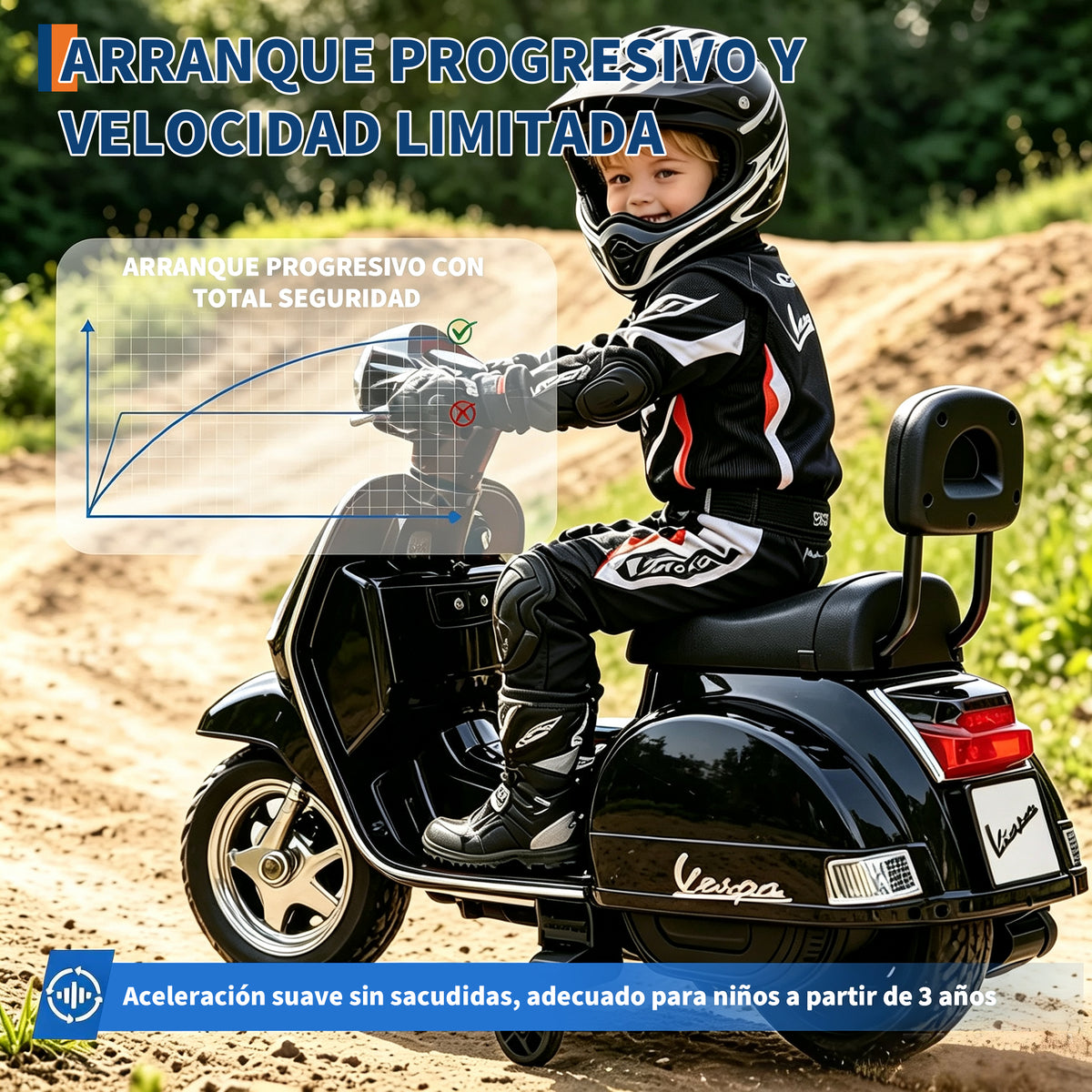 Garvee Moto Eléctrica Infantil Estilo Clásico Vespa 6V 4.5Ah con 3 Ruedas Seguras Faro LED y Música Scooter para Niños Negro