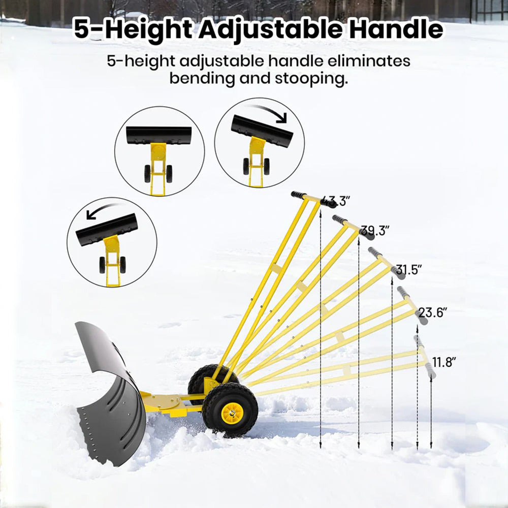 Garvee Pala de Nieve de Acero Galvanizado 73.66 Cm con Ruedas, Hoja Ajustable 7 Posiciones, Mango Ergonómico 5 Niveles, Armazón Robusto para Usuarios Comunes en Entradas y Aceras, Amarillo