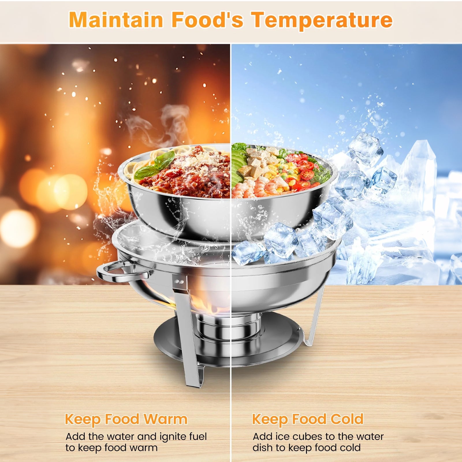 Garvee Set de Buffet Chafing Dish Redondo de Acero Inoxidable 201, 5L, Desmontable, 4 Piezas, Mantiene Temperatura, para Eventos y Bodas