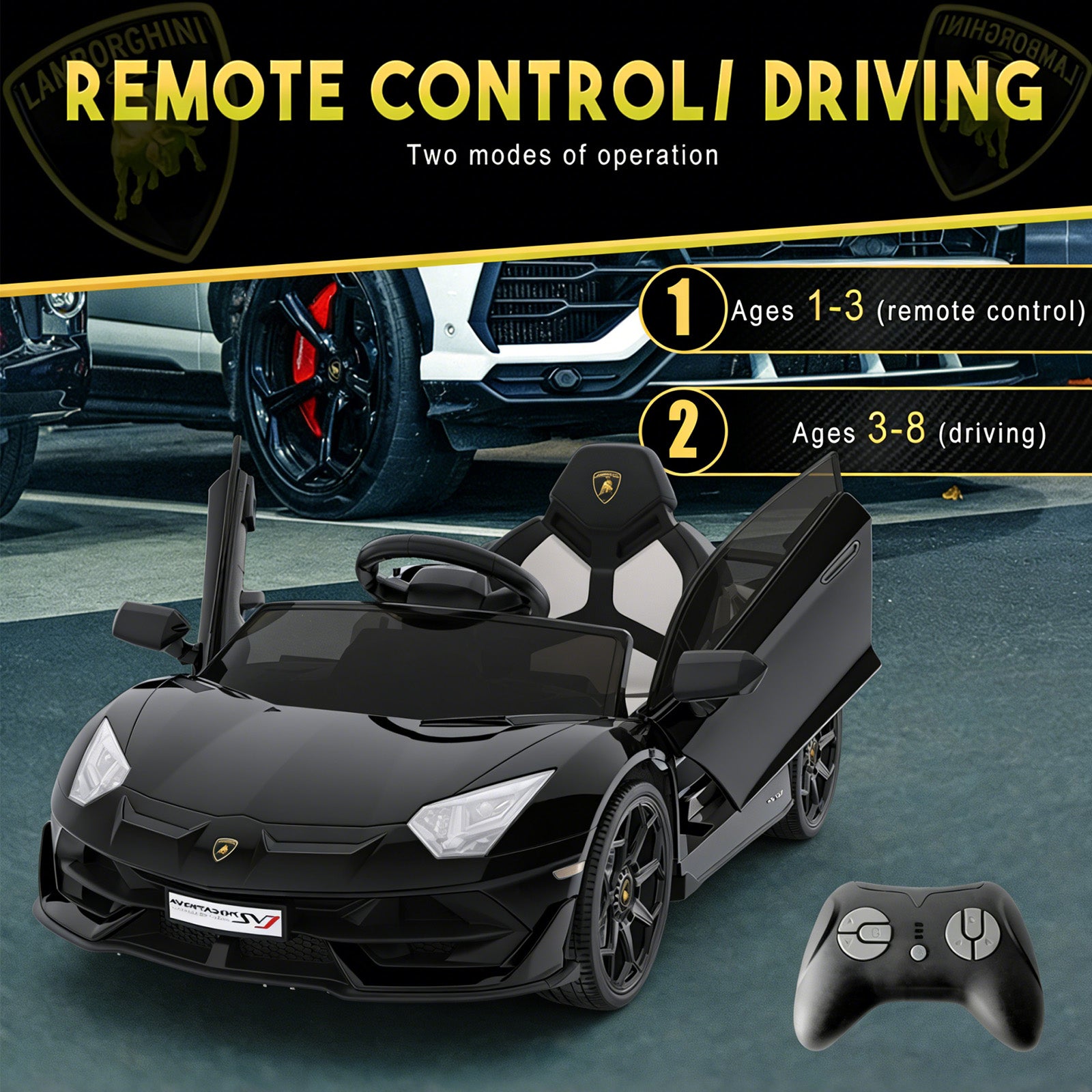 Garvee Coche Eléctrico 12V con Puertas Hidráulicas y Suspensión de Muelles Control Remoto 2.4G para Niños 3-8 Años Negro