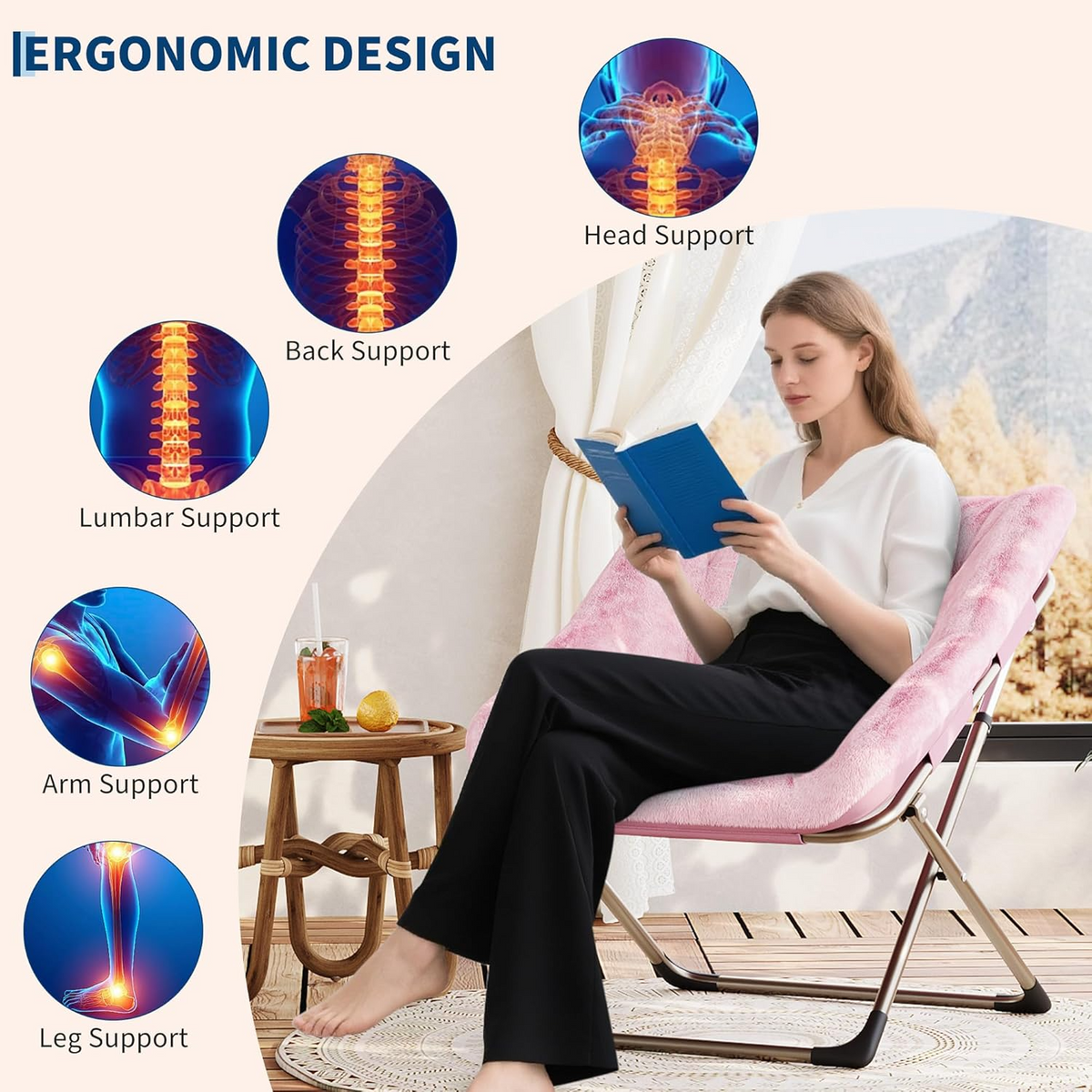 Garvee Silla Saucer de Piel de Conejo Plegable con Marco Metálico para Dormitorio y Sala, Rosa, Soporta 136 kg, Diseño Ergonómico