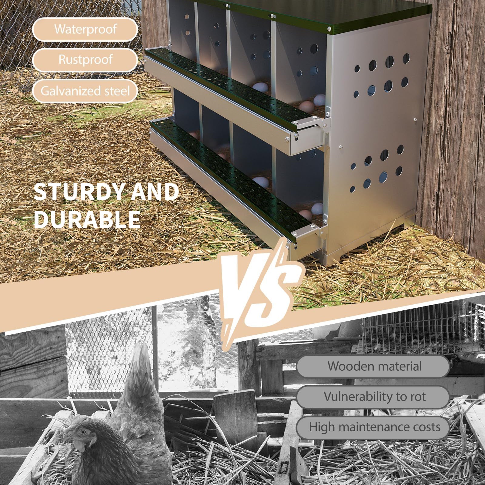 Garvee Caja de Anidación para Gallinas 2 Capas 8 Compartimentos, Acero Galvanizado, Con 8 Huevos Falsos, Bandeja de Recolección Barra para Posarse, Resistente a la Oxidación, Verde Oscuro