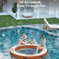 Garvee Hamaca Inflable Acuática Redonda de 244 cm, Plataforma Flotante de PVC Marino de Doble Zona con Malla Central de 183 cm, Escalera Desmontable y Cuerda de Anclaje, Blanco y Naranja