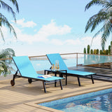 Garvee Set De 3 Tumbonas De Patio Con Mesa Auxiliar, Respaldo Ajustable 5 Posiciones, Ruedas Para Fácil Movimiento, Tela Textil Transpirable, Estructura Metálica Robusta, Ideal Para Piscina Y Jardín - Azul