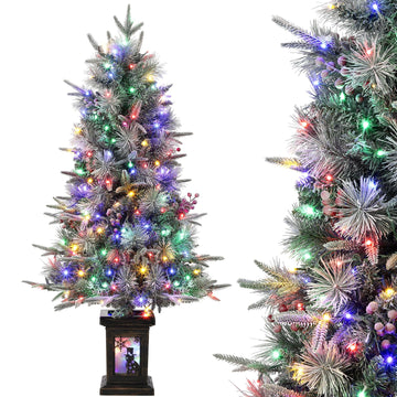 Garvee Árbol de Navidad Artificial con Iluminación 125cm  Ramas de PVC Nevadas LED Multicolor 9 Modos Base Retro de Muñeco de Nieve para Hogar Oficina
