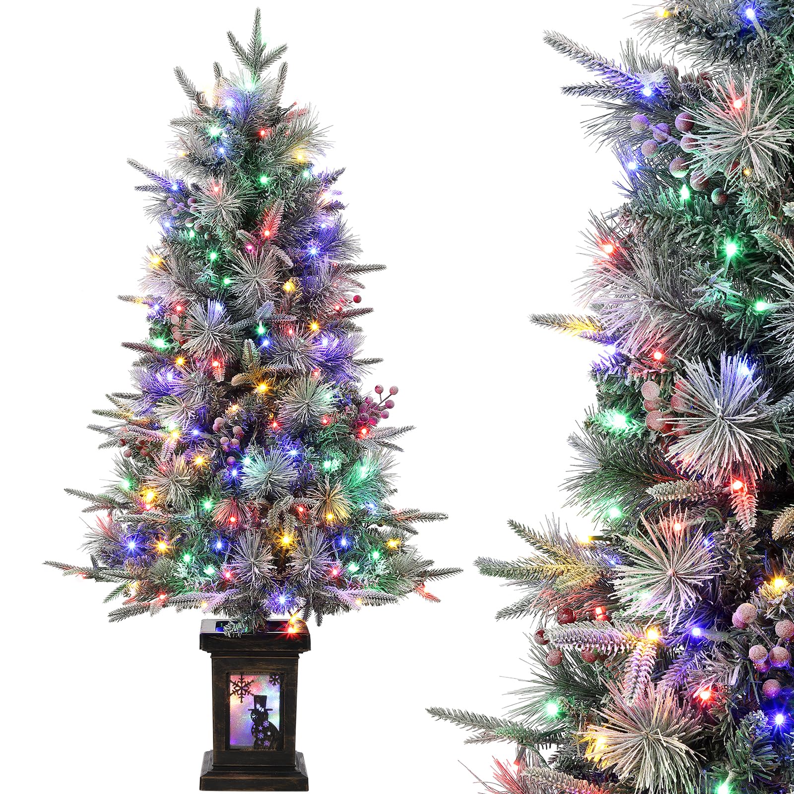 Garvee Árbol de Navidad Artificial con Iluminación 125cm  Ramas de PVC Nevadas LED Multicolor 9 Modos Base Retro de Muñeco de Nieve para Hogar Oficina
