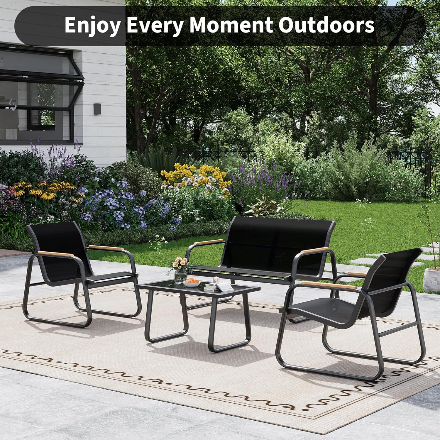 Garvee Set De Muebles De Jardín 4 Piezas Textilene Con Mesa De Vidrio Y Sofá, Acero Resistente, Brazos En Madera, Para Exterior, Balcón Y Jardín, Negro
