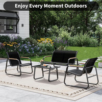 Garvee Set De Muebles De Jardín 4 Piezas Textilene Con Mesa De Vidrio Y Sofá, Acero Resistente, Brazos En Madera, Para Exterior, Balcón Y Jardín, Negro