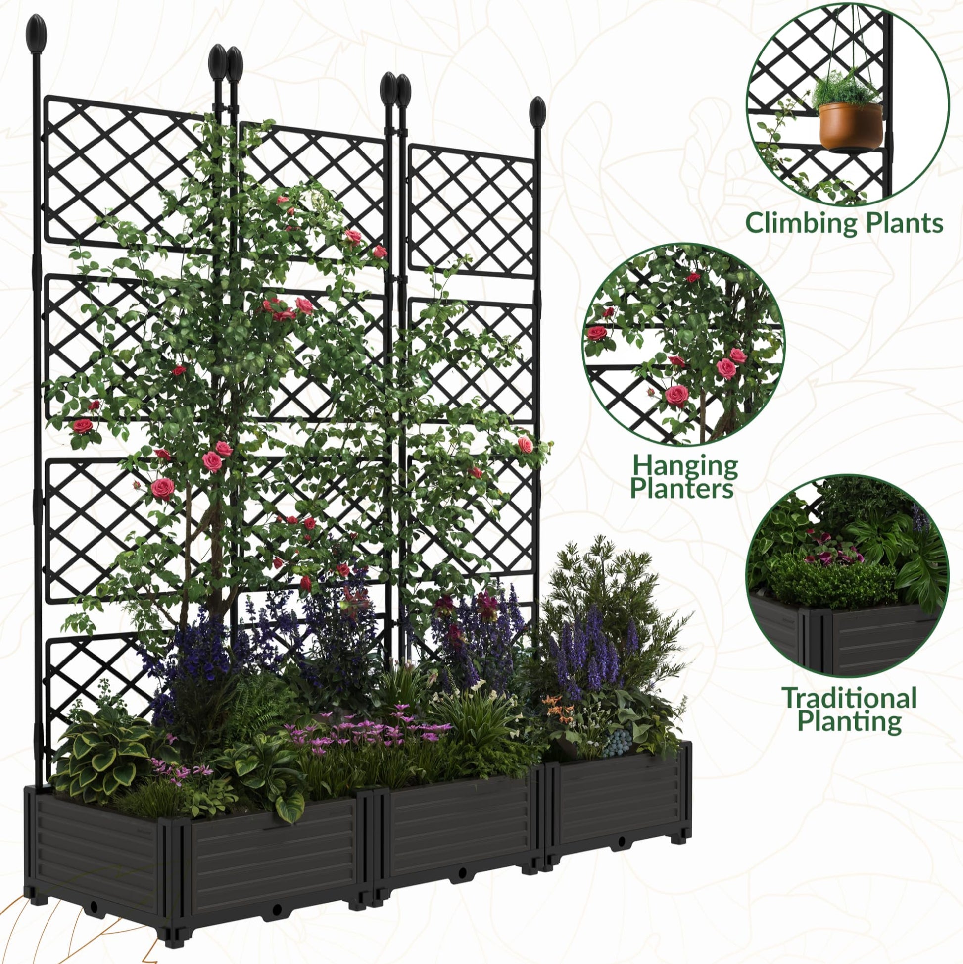 Garvee Jardineras Elevadas con Enrejado 3 Piezas para Patios y Balcones, 41×41 cm Negro, Resistente y Ligero