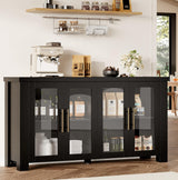 Garvee Buffet Cabinet Con Puertas De Vidrio Templado Y Mesa Robusta Para Salón Y Comedor, Madera Natural, Tiradores Metálicos, Versátil, Elegante - Negro