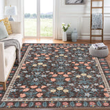 Garvee Alfombra De Interior Boho Floral Negro Vintage 160x230cm Antideslizante Fibras Sintéticas Suaves Bajo Pelo Para Sala Y Cuarto Infantil - Marrón Rojizo