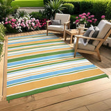 Garvee Alfombra Exterior Doble Cara 244 x 305 cm Líneas Geométricas Coloridas Resistente UV Antideslizante Paja Plástica Portátil Para Patio Camping Playa - Amarillo & Azul & Verde & Blanco