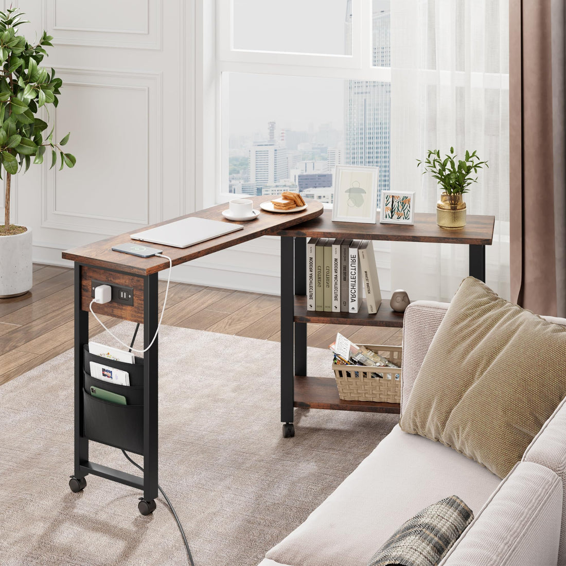 Garvee Mesa Auxiliar para el Sofá Giratoria 360° con Estación de Carga - Ruedas Bloqueables, Almacenaje Extra, MDF y Metal para Sala y Oficina, Compacta, Estilo Vintage