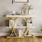 Garvee Mesa Consola Industrial 99 cm con 3 Estantes, Base Metálica Redonda, Madera Ingeniería, Moderno Dorado y Mármol Blanco para Entrada y Sala - Dorado y Blanco-Círculo