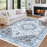 Garvee Alfombra Grande Salón 200x290cm Azul Vintage Lavable a Máquina Antideslizante Suave Efecto Cachemira para Comedor y Dormitorio Persian Water Lily - Azul