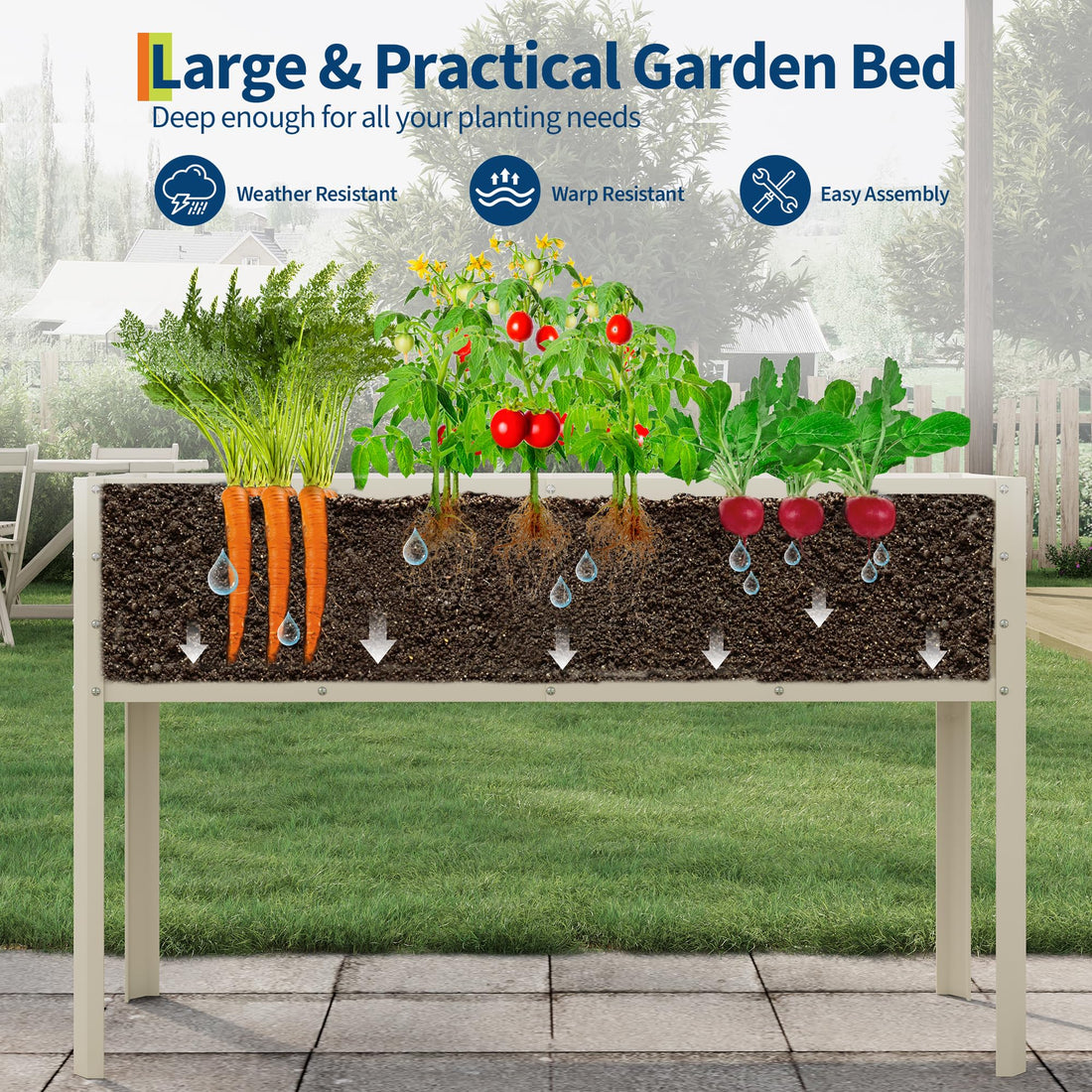 Garvee Cama de Jardín Elevada Galvanizada con Sistema de Autorriego, Acero Resistente, Modular, para Huertos y Patios, 81cm, Color Beige
