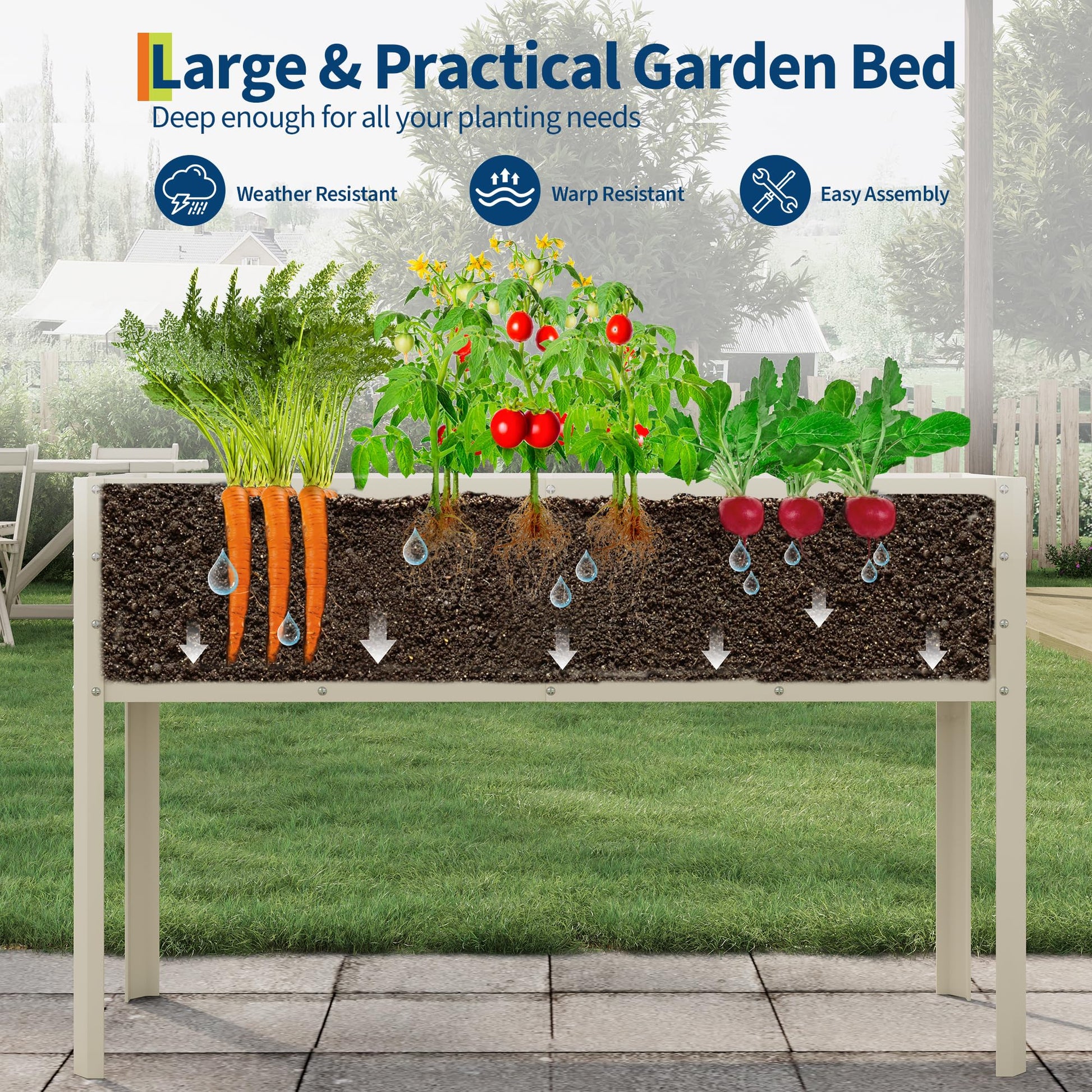 Garvee Cama de Jardín Elevada Galvanizada con Sistema de Autorriego, Acero Resistente, Modular, para Huertos y Patios, 81cm, Color Beige