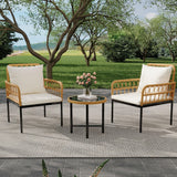 Garvee Conjunto Bistro de 3 Piezas para Patio con Mesa de Cristal y 2 Sillas de Ratán, Resistente y Cómodo, Ideal para Balcón y Jardín, Marrón y Crema
