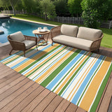Garvee Alfombra Exterior Reversible Rayas Geométricas 274 x 549 cm UV Resistente Plástico Paja Antideslizante para Camping Playa Porche RV - Amarillo & Azul & Verde & Blanco