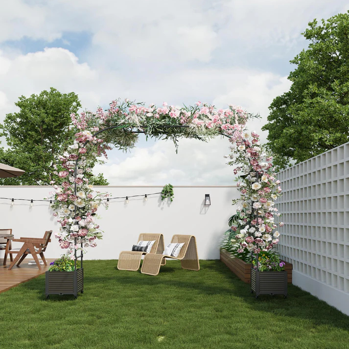 Garvee Arco de Jardín con Jardinera y Ruedas 220x240 cm, Set de Cama de Cultivo Profunda con Enrejado para Plantas Trepadoras, PP Resistente, Negro