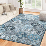 Garvee Alfombra Vintage 120x170cm Gris Azul Poliéster Lavable Antideslizante Floral - Azul & Gris