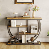 Garvee Mesa de Entrada Industrial 4 Niveles con Almacenaje, Base Circular, Madera y Metal para Salón y Pasillo, Estilo Retro - Marrón Rústico