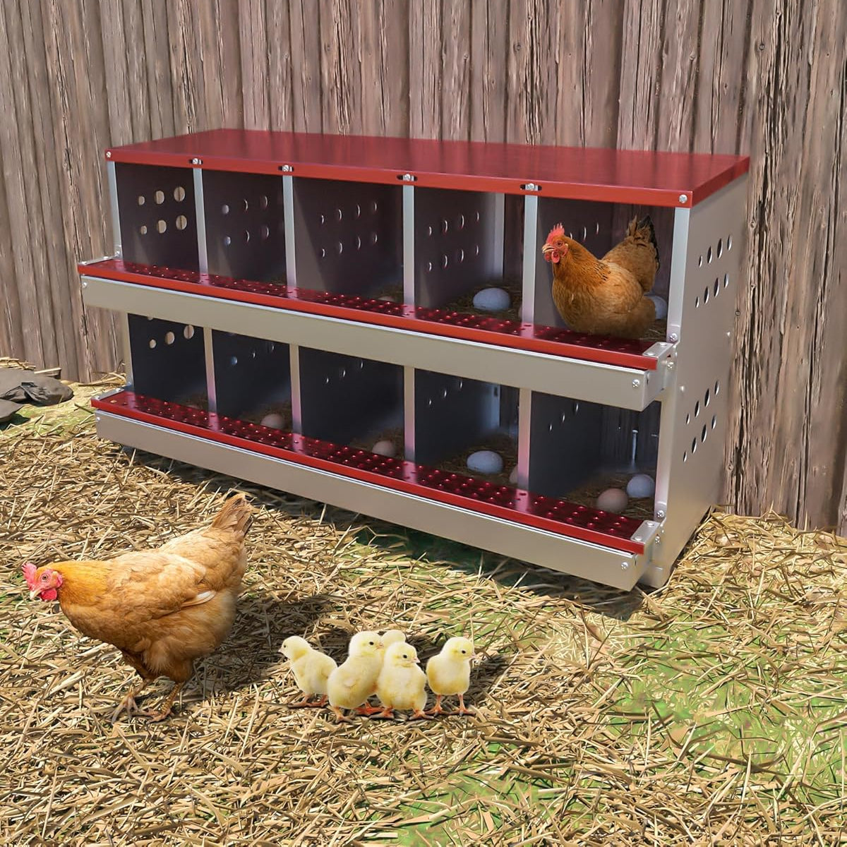 Garvee Caja de Anidación para Gallinas 2 Capas 10 Compartimentos, Acero Galvanizado, Con 10 Huevos Falsos, Antióxido Ventilada, Percha Piso Deslizante, Resistente al Agua, Rojo