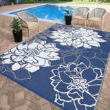 Garvee Alfombra Exterior Reversible Floral 274 x 549 cm Patio Impermeable Plástico Resistente Para Camping Porche Playa - Azul Marino & Blanco